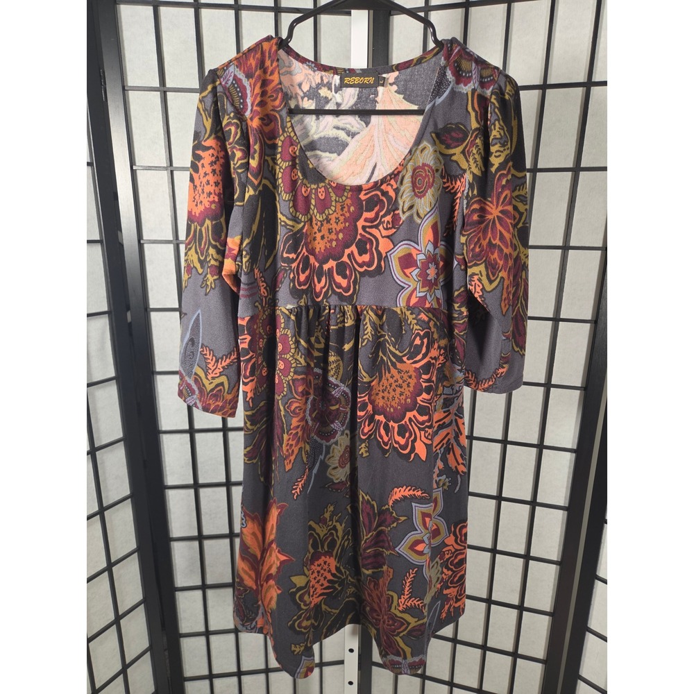 Reborn J Floral Empire Waist Tunic Dress 3/4 Sleeve Grey Orange Large